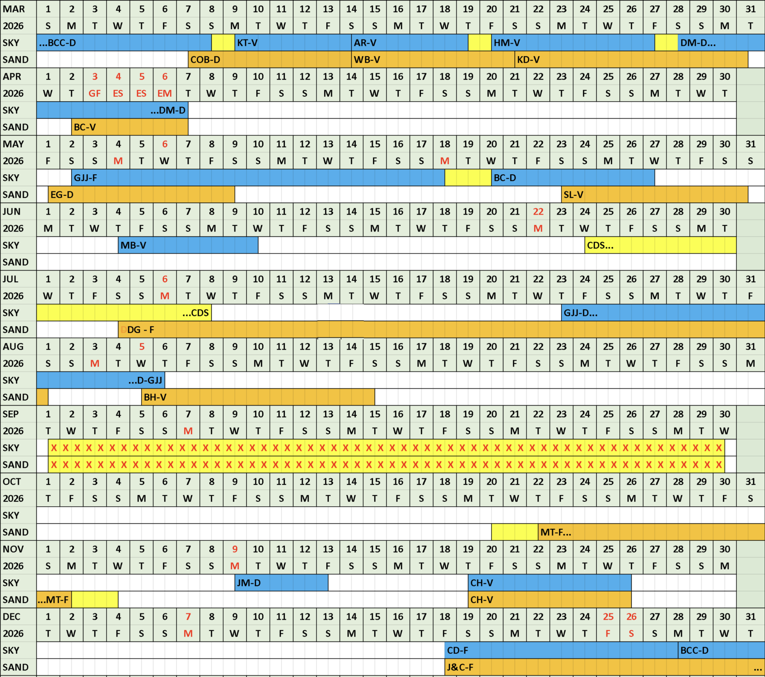 Crescent Beach Bookings Calendar